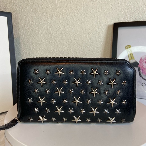 Jimmy Choo VGUC Carnaby Silver Star Studded Lambskin Zippy Long Wallet - Picture 8 of 16